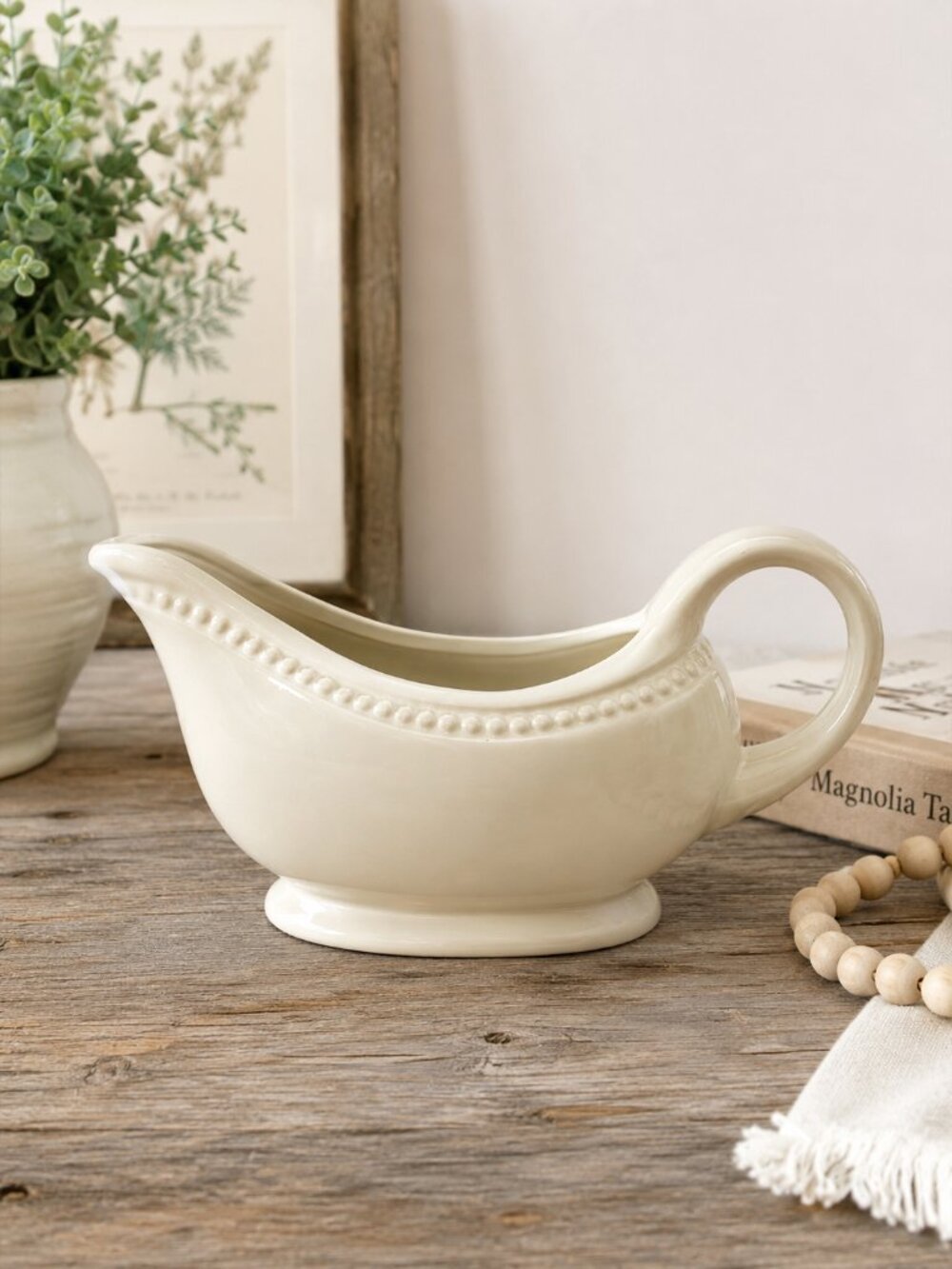 Tabletops Gallery Isabella Beaded Cream Gravy Boat Cottagecore Farmhouse Holiday